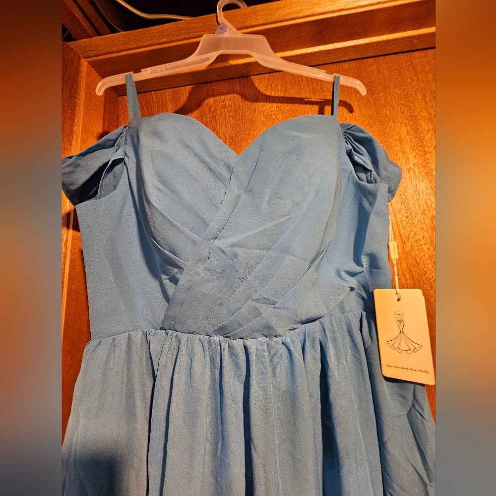 Amazon blue, tea length dress, size 20 corset back